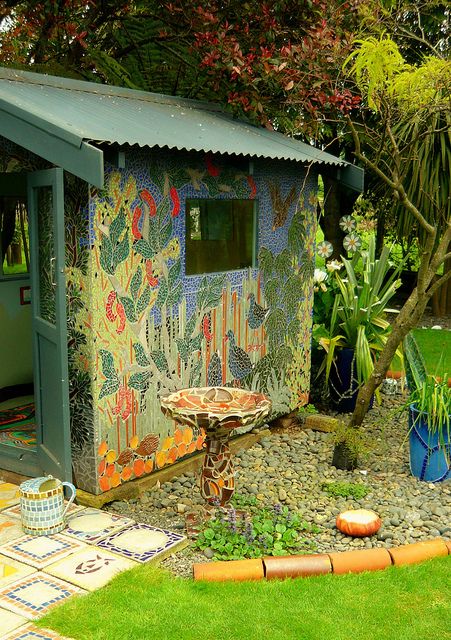 The Mosaic Garden Waihi N.Z.  ~  This one is mosaic.  It could be painted.  Make the shed a part of the garden.