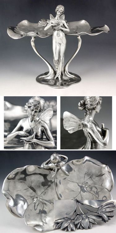 Art Nouveau polished pewter visiting card tray with a fairy holding a dove  WMF Germany  1906