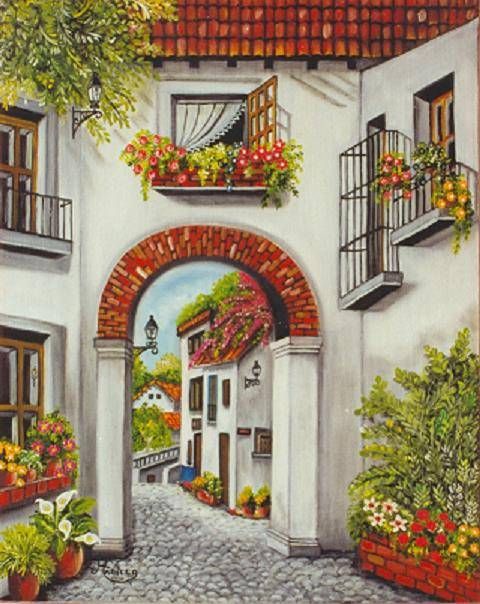 a painting of an alleyway with potted plants and flowers on the windowsills