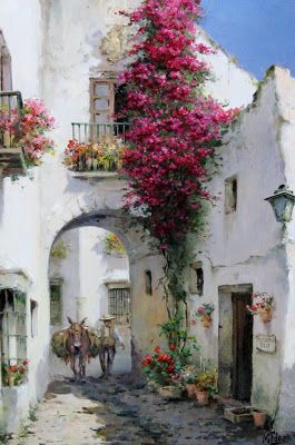 a painting of an alleyway with flowers on the balcony and horse drawn carriages passing by