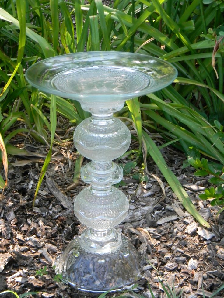 a clear glass candle holder sitting on the ground in front of some grass and plants