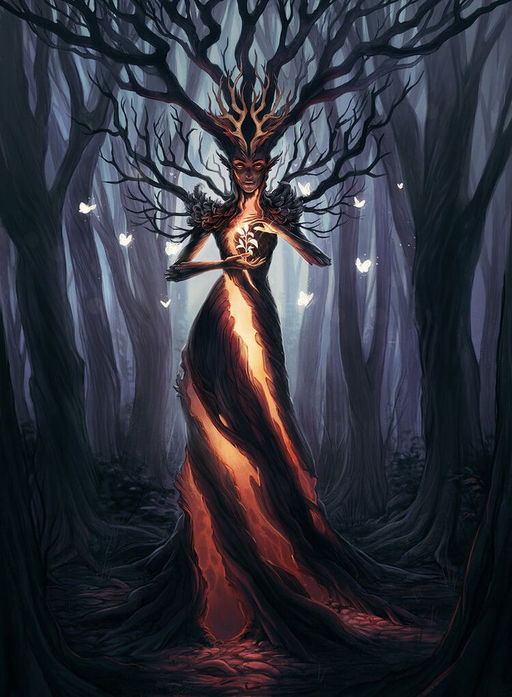 a woman standing in the middle of a forest holding onto a tree branch with glowing leaves on it