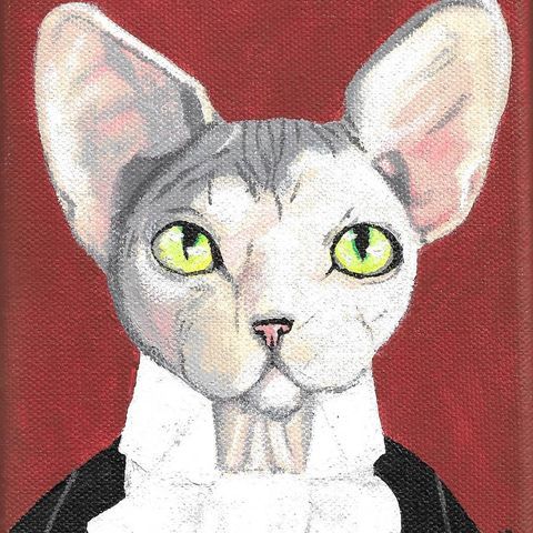 a painting of a cat wearing a black and white dress with green eyes on a red background