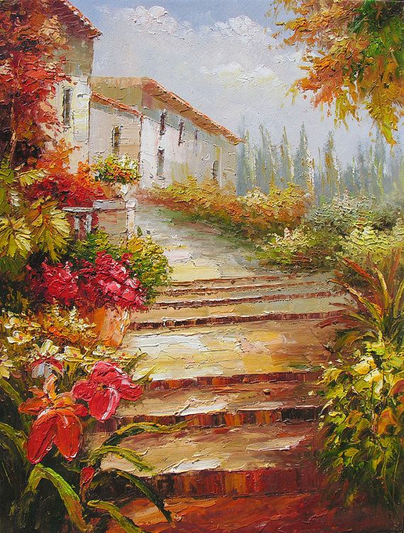 a painting of steps leading to a house with flowers in the foreground and trees on either side