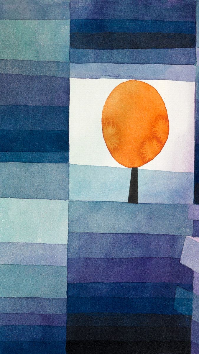 an orange tree in the middle of blue and purple stripes