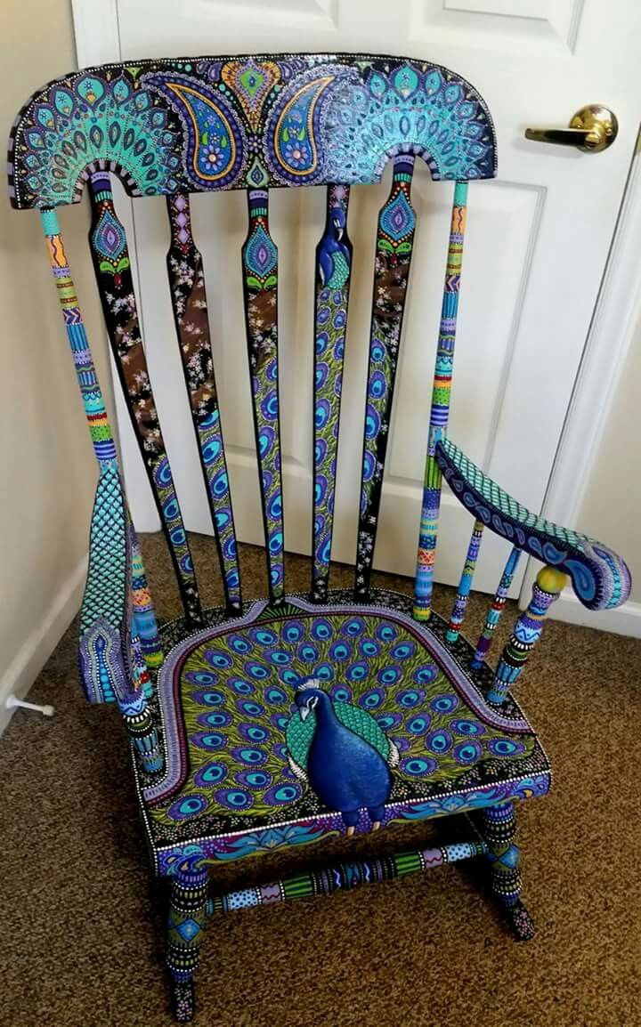 Beautiful Peacock-painted Chair | Painted rocking chairs, Painted  furniture, Funky painted furniture