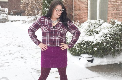 eggplant, monochromatic outfit, purple, aubergine, plaid shirt, fashion over 40, Shelbee on the Edge