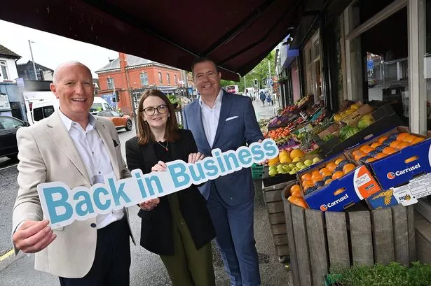 Colin Neill (Hospitality Ulster), Finance Minister Dr Caoimhe Archibald and Glyn Roberts (Retail NI) launching the new Back in Business scheme.