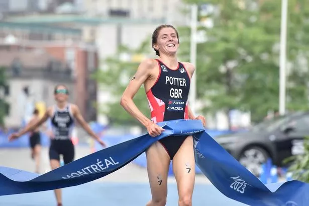 Beth Potter crosses the finish line in Montreal