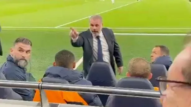 Ange Postecoglou arguing with a Spurs fan