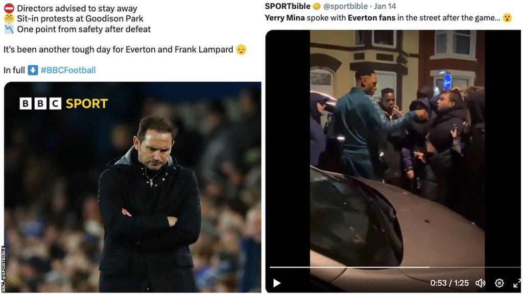 Frank Lampard looking troubled on Everton touchline (left), Yerry Mina speaking to Everton fans (right).