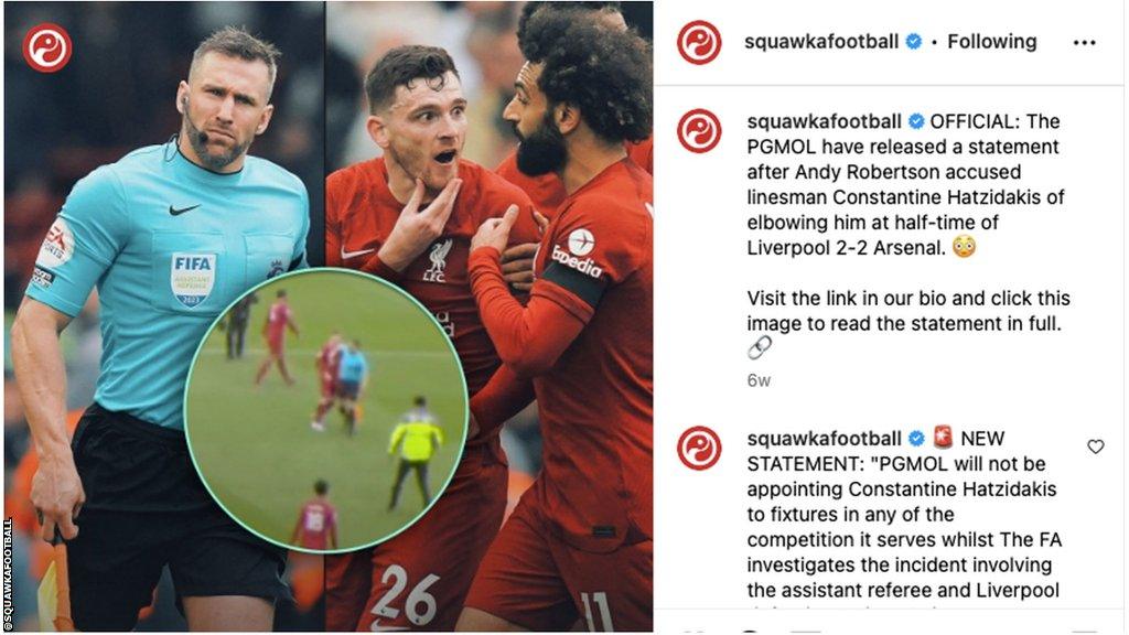 Left: Linesman Constantine Hatzidakis. Right: Andy Robertson is pulled away by Mohamed Salah, holding his chin.