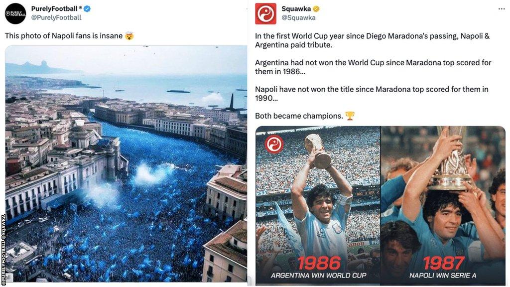 Napoli title celebrations (left), Maradona lifting World Cup and Scudetto with Napoli (right)