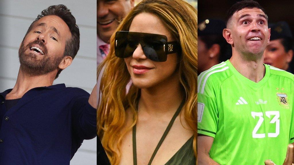 A split picture of Ryan Reynolds, Shakira and Emiliano Martinez