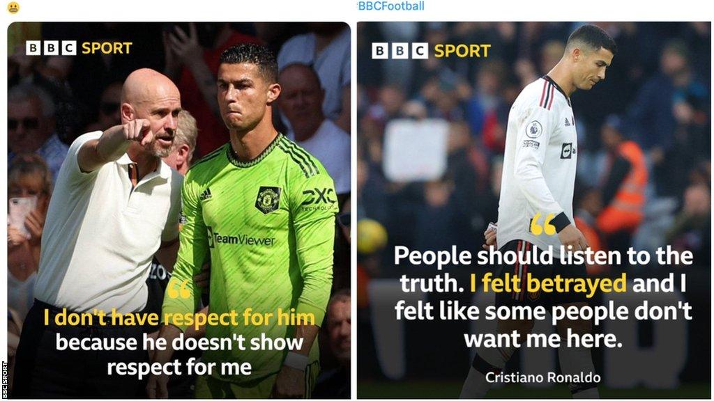 Cristiano Ronaldo and Erik Ten Hag on Manchester United touchline (left), Ronaldo looking dismayed (right).