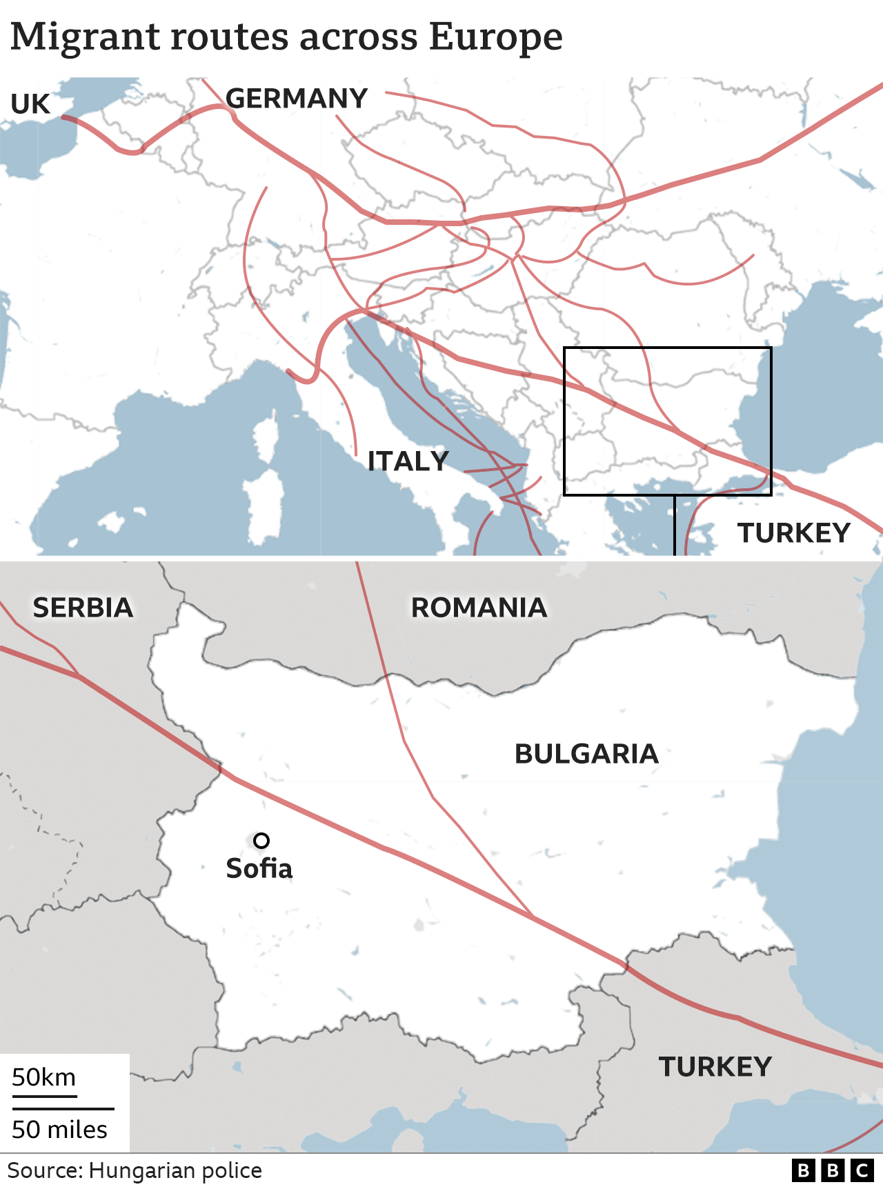 A map tracing the migrant routes through Eastern Europe drawn up by the Hungarian anti-smuggling police