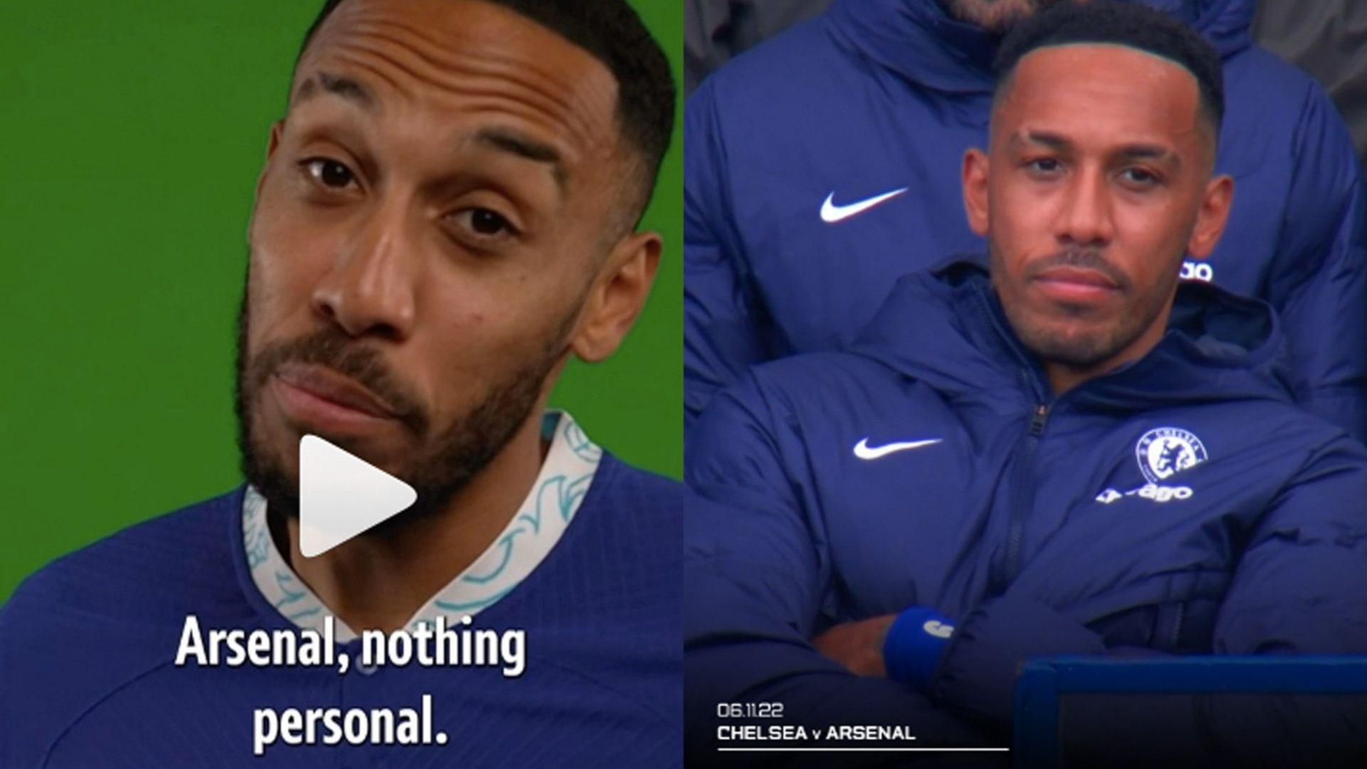 Pierre-Emerick Aubameyang in ad campaign (left) and on Chelsea bench (right).