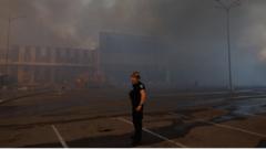 Полицейский у горящего гипермаркета в Харькове 25 мая 2024 года