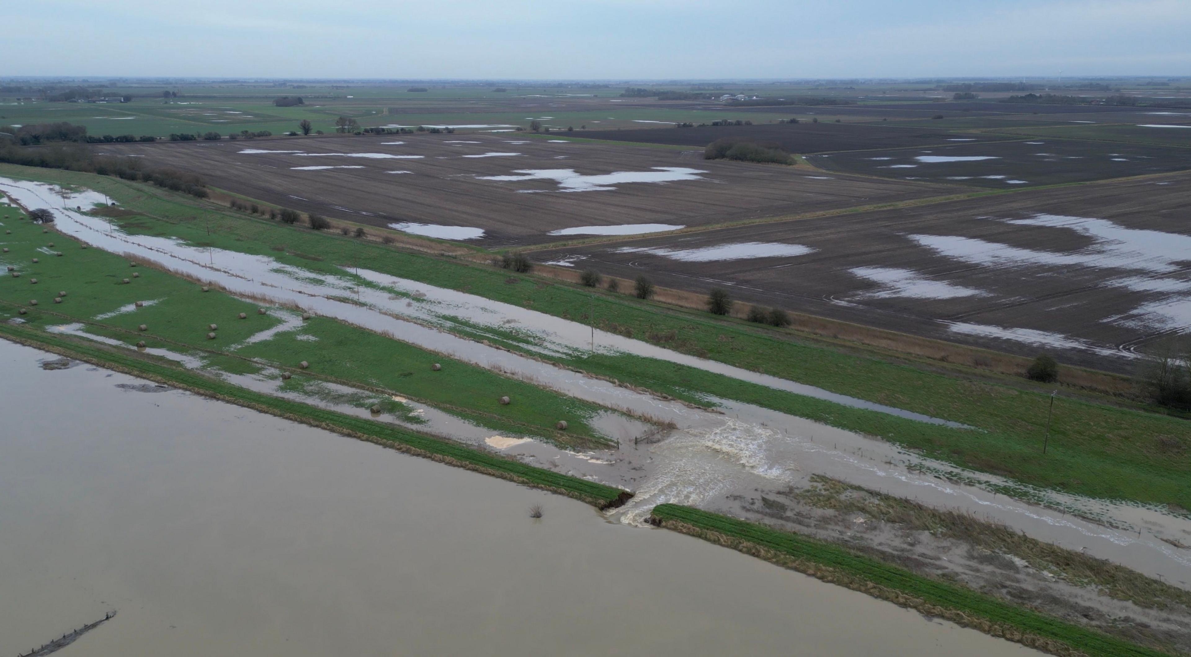 A drone photo of flooded fields at Crowland in Lincolnshire