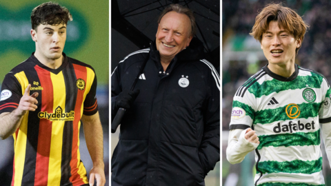 A split picture with Lewis Neilson of Partick Thistle, Aberdeen's Neil Warnock and Kyogo Furuhashi of Celtic