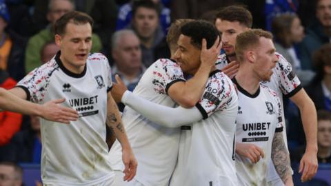 Middlesbrough players celebrate a goal at Leicester