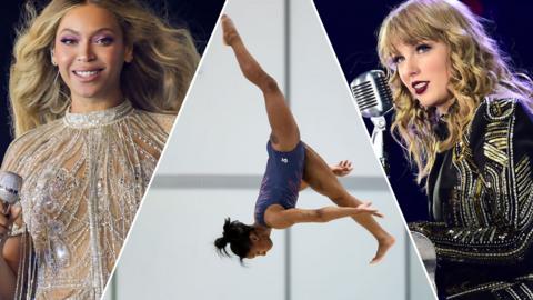 3-way split:

Left: Beyoncé performing during her Renaissance tour

Middle: Simone Biles performing a flip on the balance beam

Right: Taylor Swift performing on piano during her Eras tour