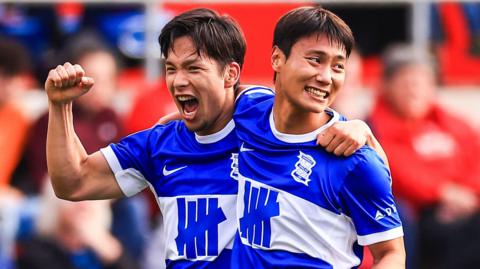 Birmingham duo Tomoki Iwata (l) and Paik Seung-Ho celebrate at Rotherham.