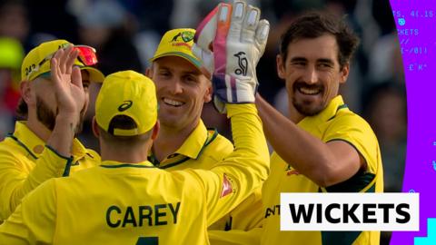 Australia's Mitchell Starc celebrates a wicket with team-mates