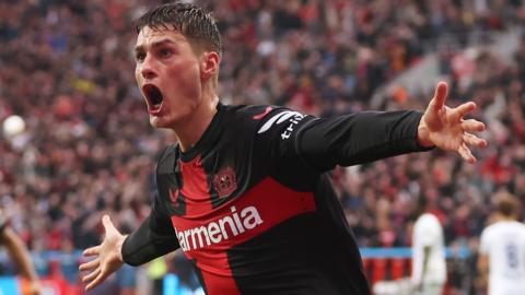 Patrik Schick of Bayer Leverkusen celebrates scoring his team's second goal