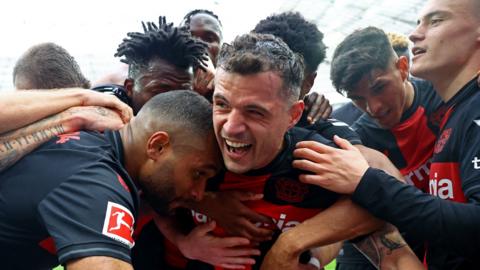 Bayer Leverkusen's Granit Xhaka celebrates scoring their second goal