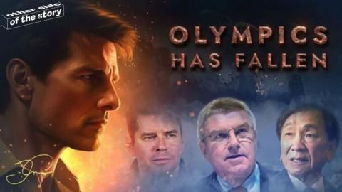 An AI-generated image feature Tom Cruise and members of the International Olympic Committee on a background of flames and smoke.

Text reads: 'OLYMPICS HAS FALLEN'