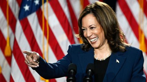 Kamala Harris gestures at crowd during campaign event on stage 