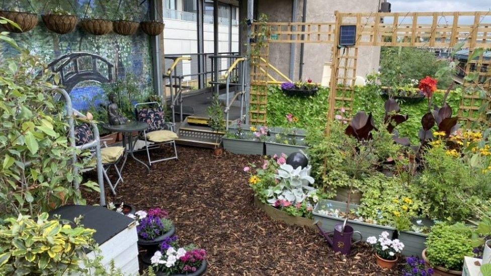 A range of tropical and herbaceous plants spring up in the elevated garden, which is covered in chipped bark.