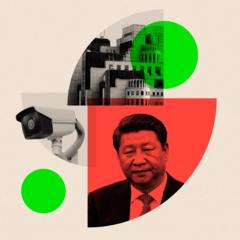 Montage avec des bâtiments, un appareil photo et une photo de Xi Jinping.