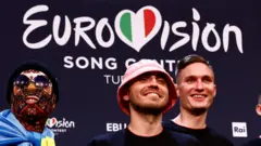 Kalush Orchestra from Ukraine pose after winning the 2022 Eurovision Song Contest in Turin