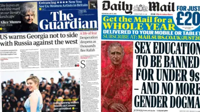 Front pages including The Guardian and Daily Mail for 15 May 2024