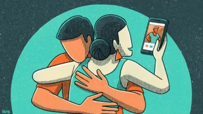 Ilustração de homem abraçando mulher enquanto ela olha o celular