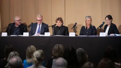 The legal team representing 37 women, and Natacha - second from right - who told the press conference Fayed attacked her.