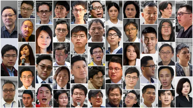 拼贴图：香港民主派初选“串谋颠覆”案47名被告人