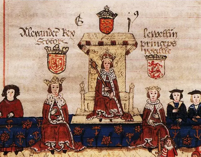 Эдуард I с повелителями Шотландии и Уэльса. Иллюстрация из средневекового манускрипта.