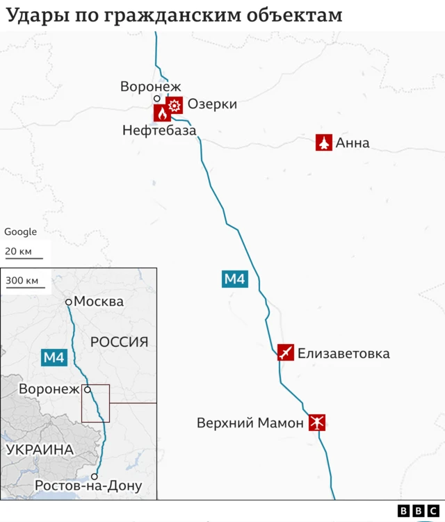 Карта движения колонны вагнеровцев по Воронежской области
