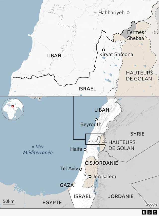 Carte montrant la région frontalière entre le nord d'Israël et le sud du Liban