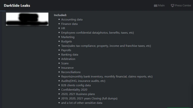Перечисление похищенных данных на сайте DarkSide в "глубоком интернете"