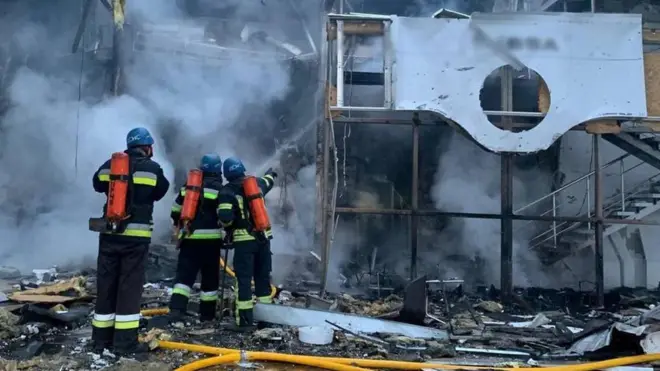 Ukrainian emergency services battle a fire following missile attacks on Zaporizhzhia, Ukraine - 11 Oct 2022