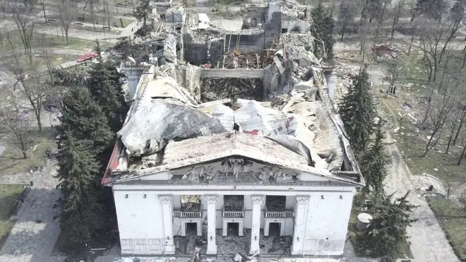 A view shows the building of a destroyed theatre in Mariupol