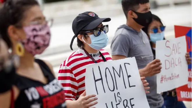 A rally in anticipation of a decision on the Deferred Action for Childhood Arrivals (Daca) in front of the Supreme Court in Washington, DC, 15 June 2020