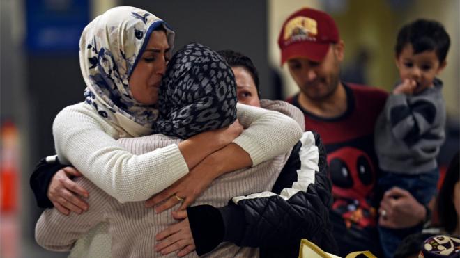 An Iraqi family from Woodbridge, Virginia, welcomes their grandmother at Dulles International Airport in Sterling, Virginia, USA, 05 February 2017.