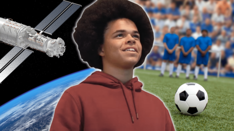 Jay is gazing off into the distance while behind him is the Earth from space and a satellite on his left and a football in front of a goalie on his right