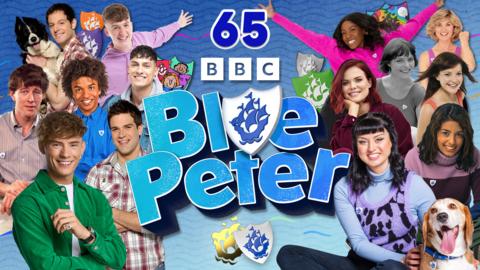 A collection image of many Blue Peter presenters including John Noakes, Lindsey Russell, Abby Cook and Joel Mawhinney, text says 65 at the top and the Blue Peter logo in the center.