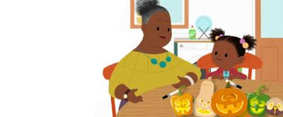 JoJo & Gran Gran are sitting at the dining table with vegetable lanterns next to them.